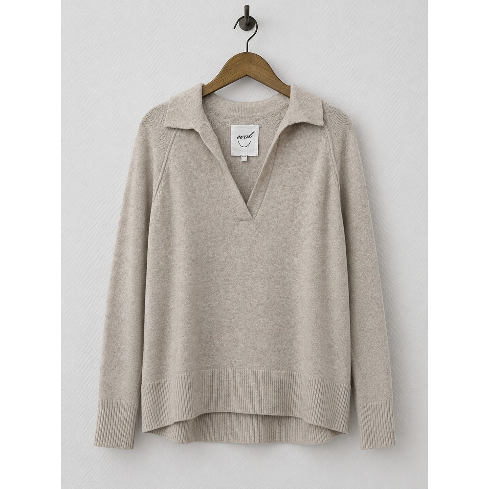 Aerie Polo Sweater V-Neck Collared Pullover Oatmeal Heather XS